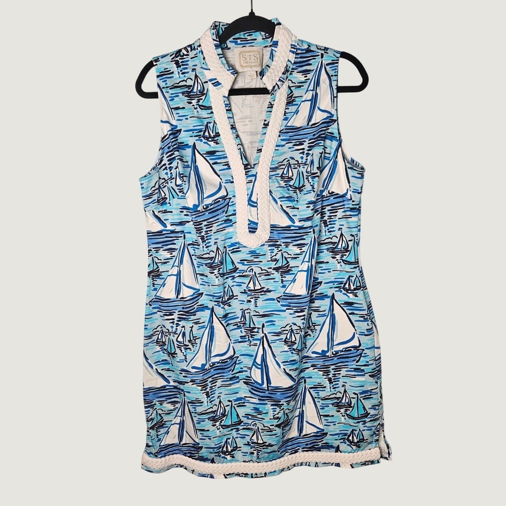 Sail To Sable Sleeveless Tunic Sailboat Pattern Corded Trim V Neck Dress Large